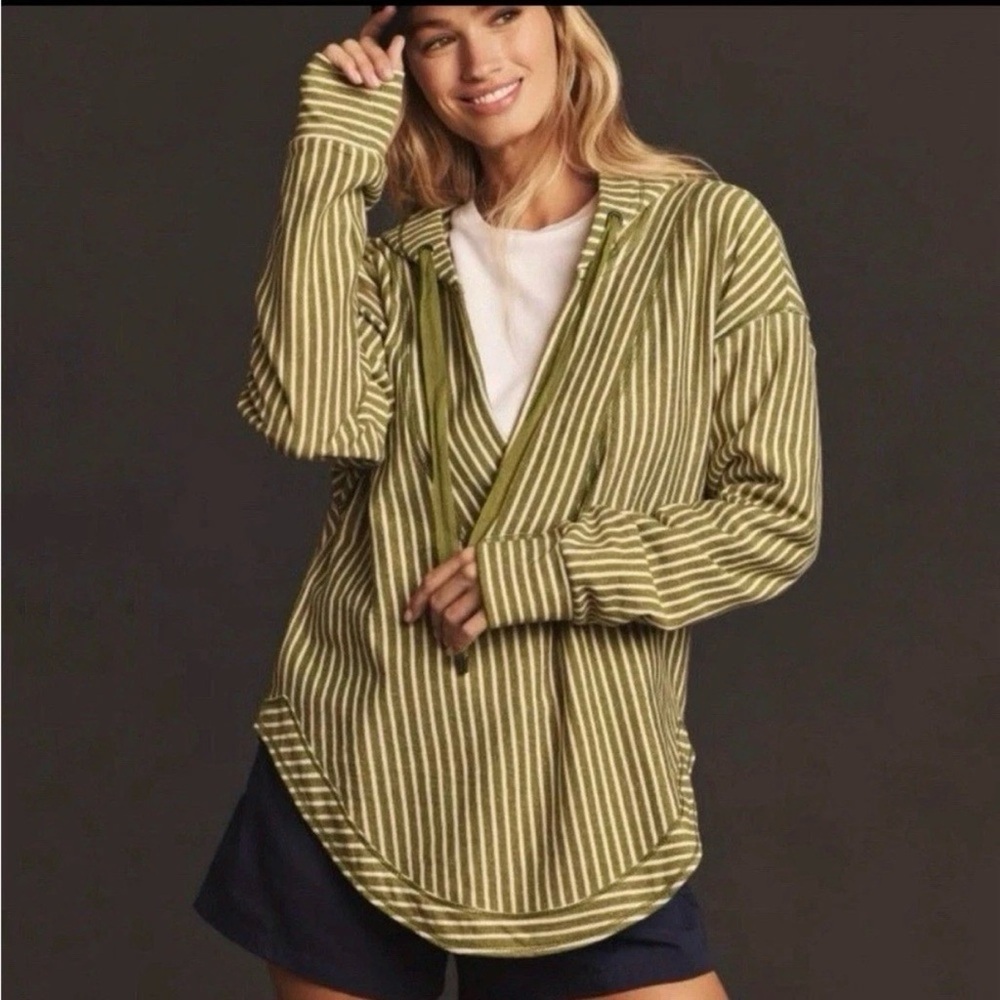 Pilcro Olive Green & White Striped Hooded Sweatshirt